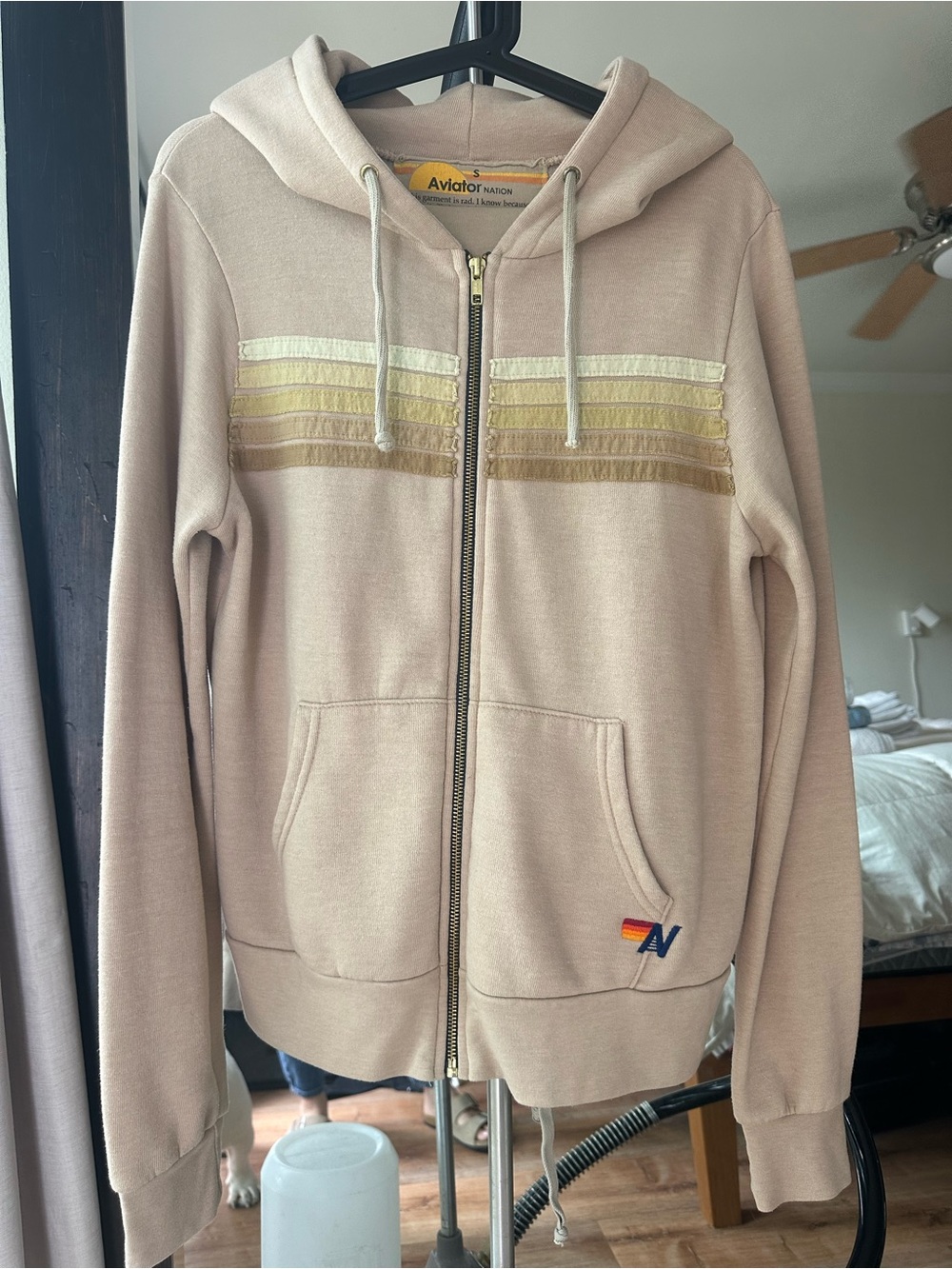 Aviator Nation Light Beige Zip Hoodie with Cream and Gold Chest Stripes